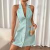 Summer Halter Strap Bow Striped Beach Shirt Dress Single-row Button Printed Backless A-shaped Sexy Suspender Party Dress Slim Mini Dress for Women