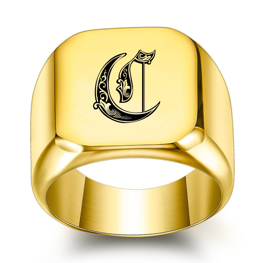 Europe, America 26 personalized English initials titanium steel ring male retro punk square 14MM gold trendy male wholesale
