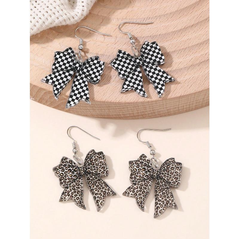 Fashionable Leopard Print Bow Acrylic Flat 2D Earrings, Versatile For Daily Wear And Party Accessories