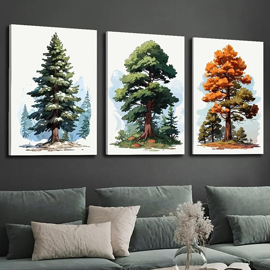 3-teiliges Leinwand-Wandkunst-Set - Aquarell-Kiefer & Herbstlaub-Poster, Rahmenloses Naturlandschaftsdekor für Zuhause, Wohnzimmer,