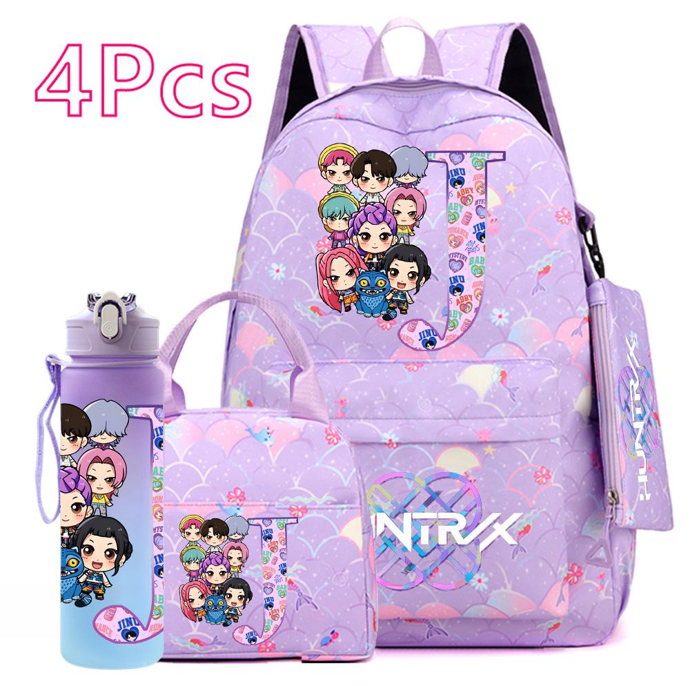 4Pcs/set 26 English Letter KPOP Printed Backpack with Handbag Pencil Case 750Ml Water Bottler for Teenager Boy Girl Large Capacity Bookbag Schoolbag