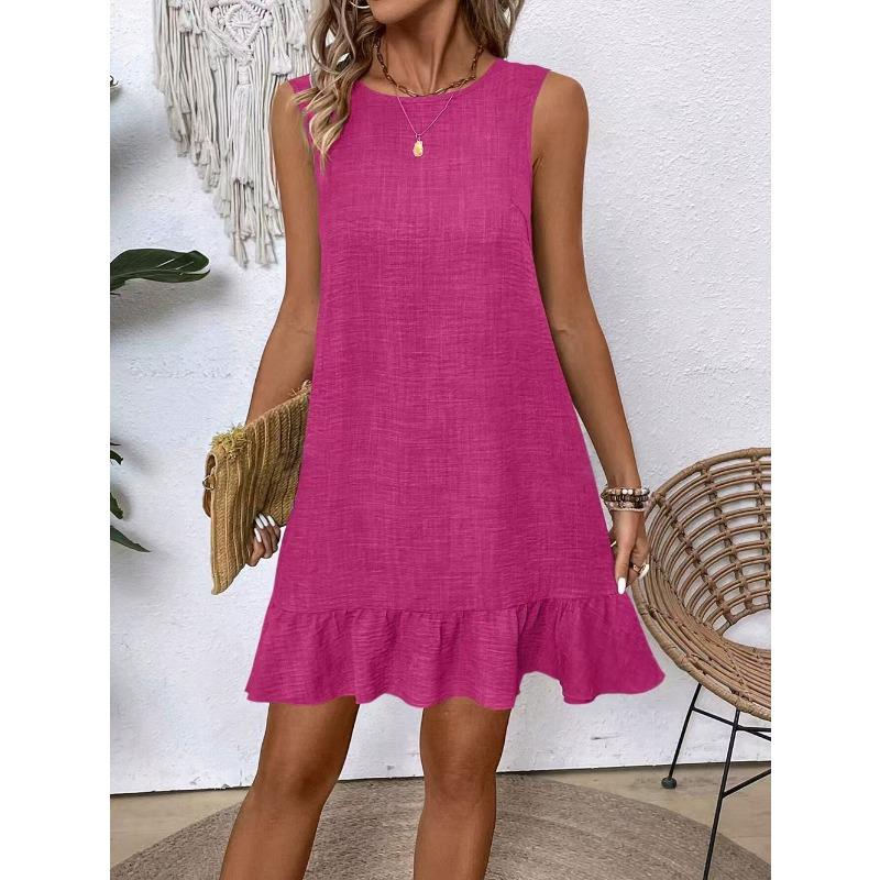 VEZFAA Women's Fashion Summer Spring Solid Color Print Sleeveless O-Neck Loose Waistlinet Casual Dresses