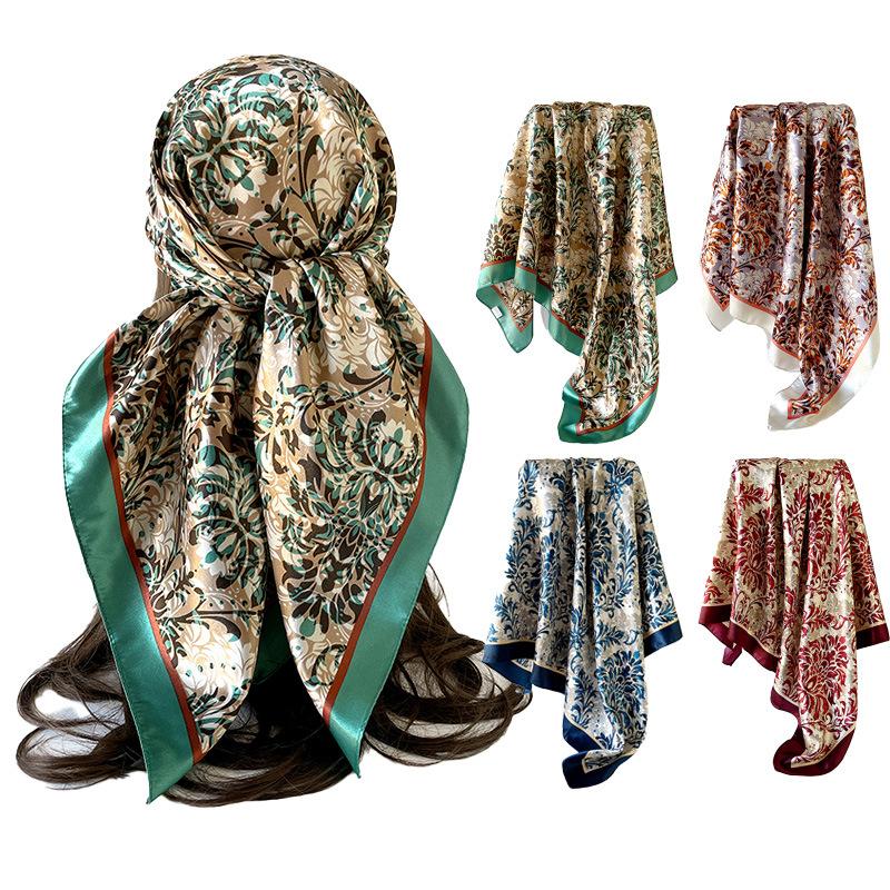 Vintage-print Silk Scarf, 90×90cm, Faux Silk Headscarf, Glossy Satin Headscarf, Head-wrapping Scarf