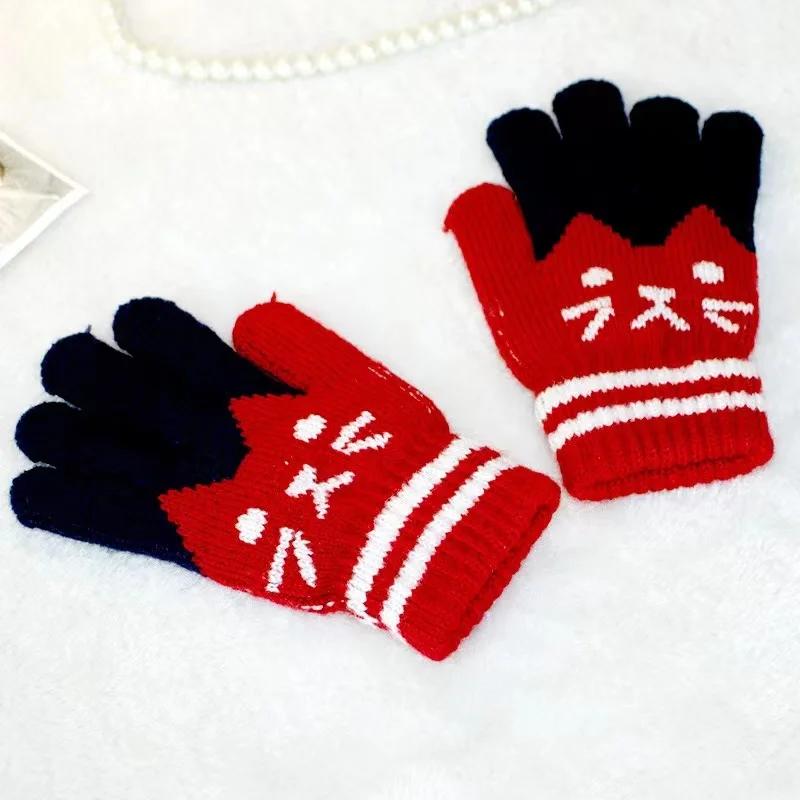 Winter Knitted Children's Gloves 4-10 Years Warm Soft Wool Cartoon Cat Kids Gloves Unisex Boys Girls Full Finger Mittens