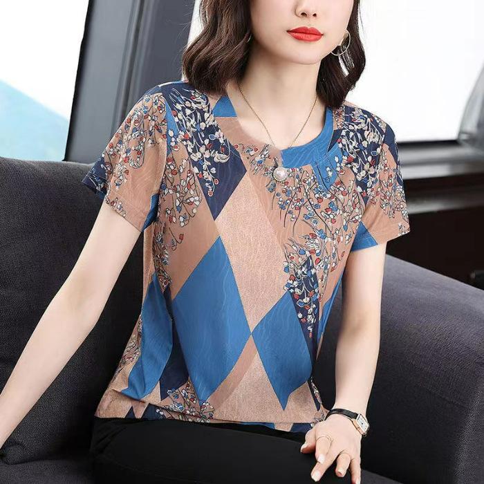 

Мама среднего возраста, одетая в свободный топ с короткими рукавами и принтом, летняя новая большая футболка большого размера, закрывающая живот, красивая футболка для женщин 3XL синий