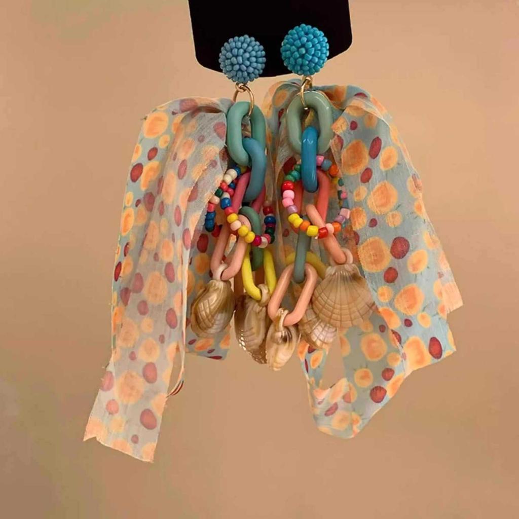 Colorful Dopamine Fabric Beaded Earrings – Women's Studs, Seaside Vacation Style, Ear Clips