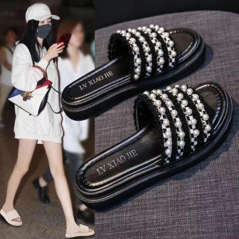 Fashion Womens Slippers 2025 Summer New ins Xiaoxiangfeng Thick Bottom One-Word Drag Temperament Fashion Sandals Zapatillas de mujer