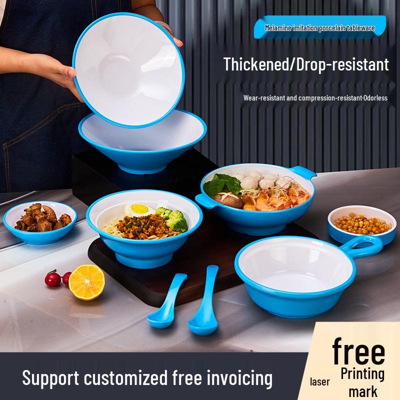 Double-Eared Melamine Noodle Bowl - Imitation Porcelain, Thickened for Commercial Use, Ideal for Restaurants, Special Soup or Mixing Dishes.