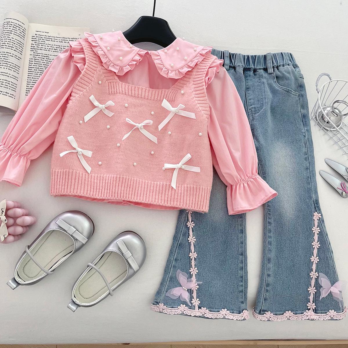 

Модный вязаный жилет для девочек и джинсы микро-клеш Весенне-осенний комплект из 3 предметов 2025 150 cm