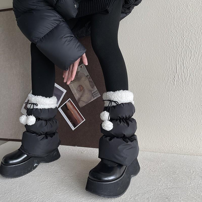 Womens Winter Fleece-Lined Knit Leg Warmers With Lace Trim Pom Poms Mid-Calf Stylish Socks Teens Adults