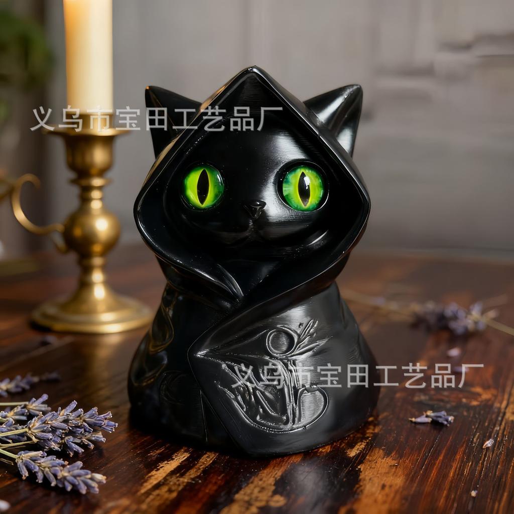 New Mysterious Hooded Cat Fiqurine Cloak Gothic Black Cat Statue