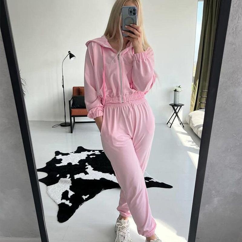 European and American Sports Women's Suit, Zipper Cardigan, Solid Color Top, Long Lace-up Casual Pants Two-piece Set
