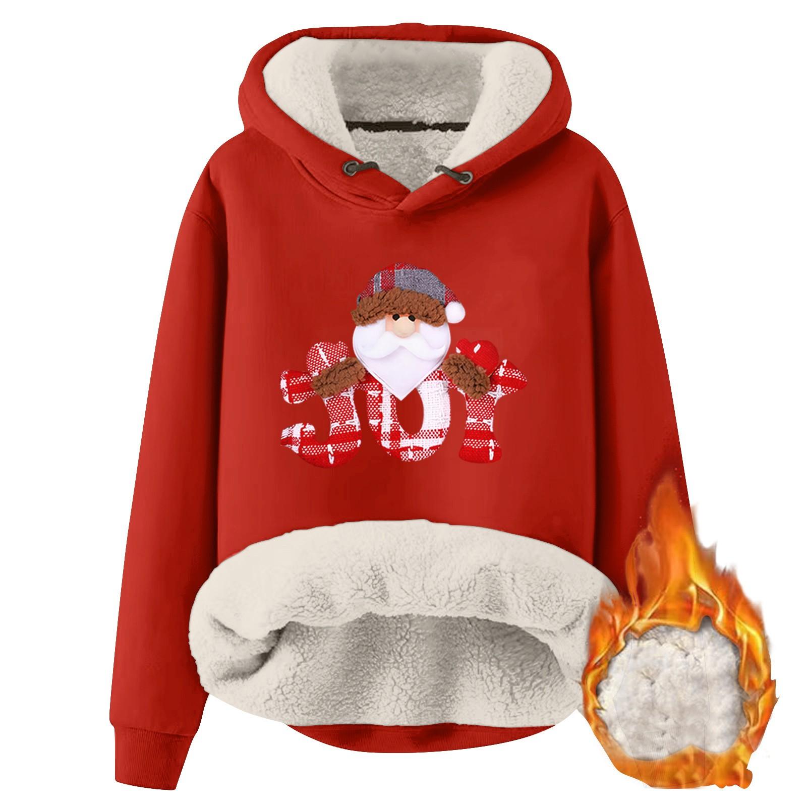

Женская модная флисовая теплая свободная толстовка с капюшоном и рождественским принтом XL красный