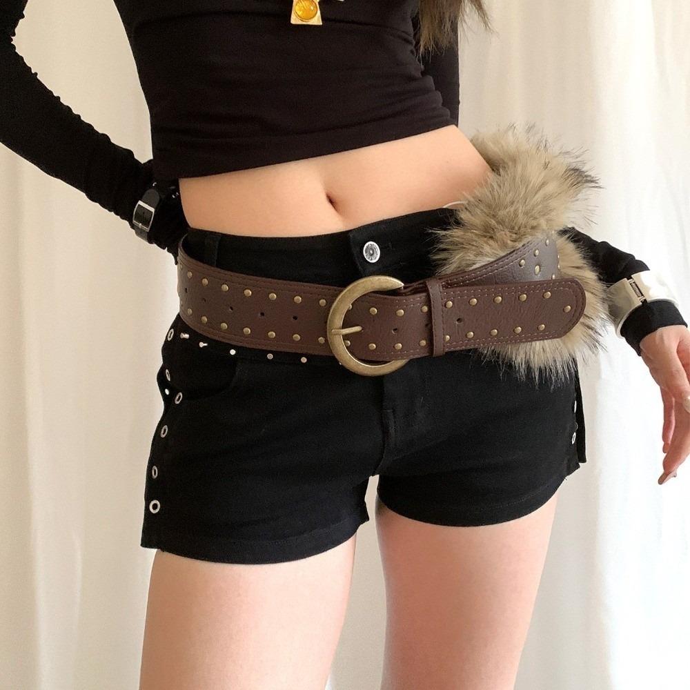 High Quality Retro Punk Belt Faux Fur Wide Women Belt Brown Rivet Fur Belt Women Waist Accessory