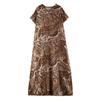 QICED Simple Fashion V-neck Long Dress Cotton Silk Print Summer Fat Plus Short-sleeved Crew-neck Dress