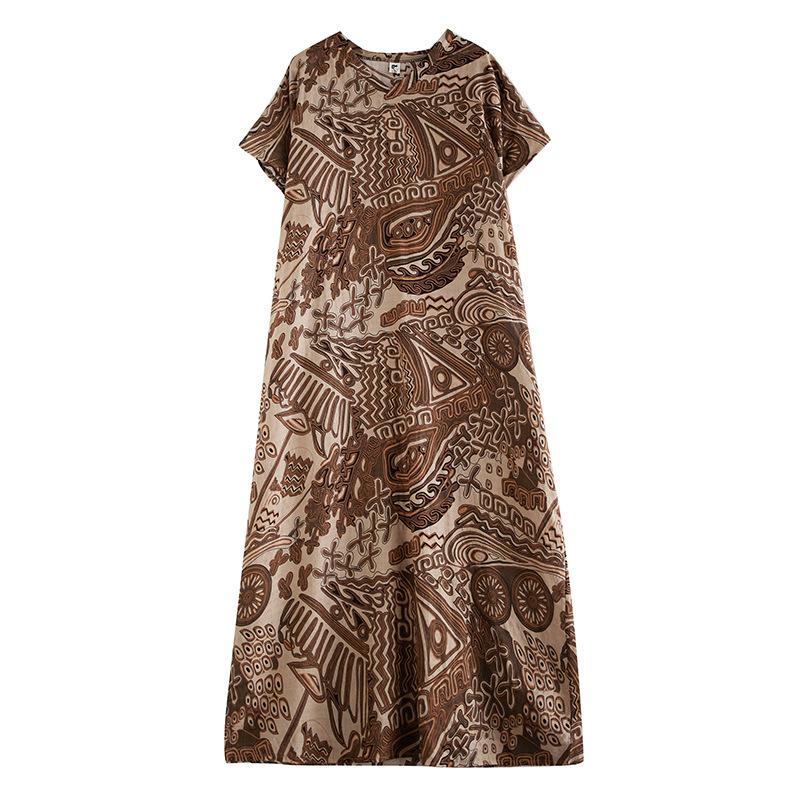 QICED Simple Fashion V-neck Long Dress Cotton Silk Print Summer Fat Plus Short-sleeved Crew-neck Dress