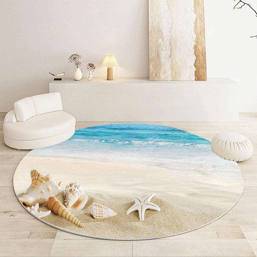 Luxury Beach Scenic Seaside Pattern Round Shape Floor Mats Kitchen Hallway Runner Rug Bedroom Living Room Soft Carpet Non-slip Area Rug