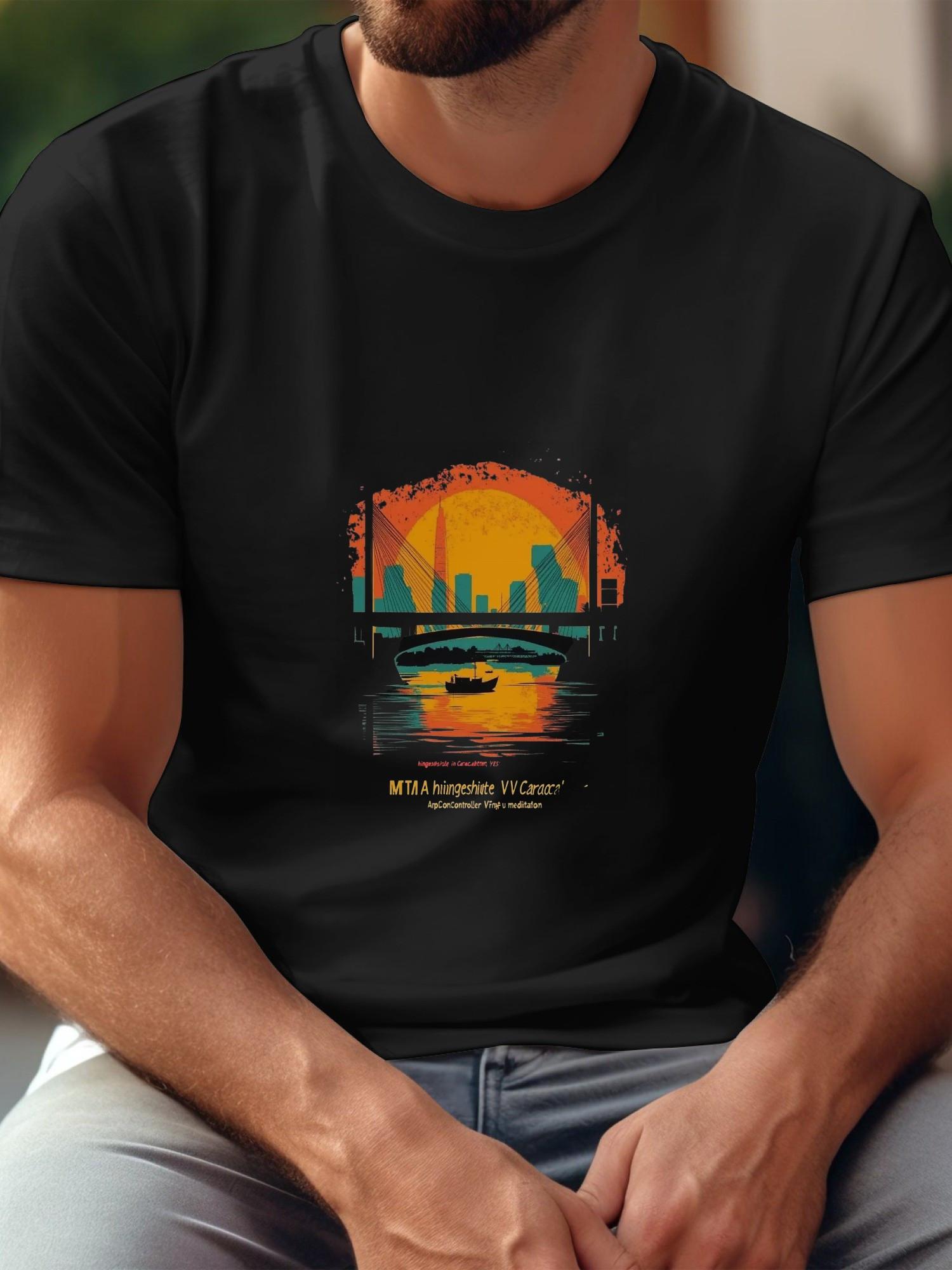 Caracabtet Casual T-shirt - Black Sunset Skyline & Boats Silhouette Graphic S