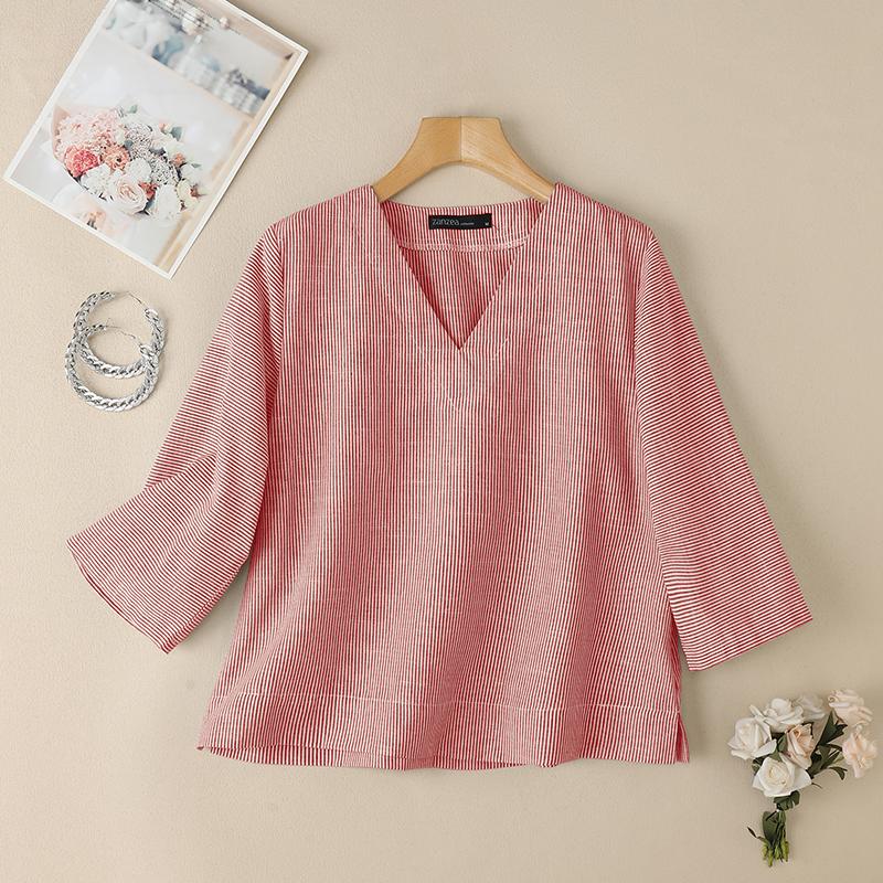 ZANZEA Damen V-Ausschnitt Locker Lässig 3/4 Ärmel Streifen Bluse