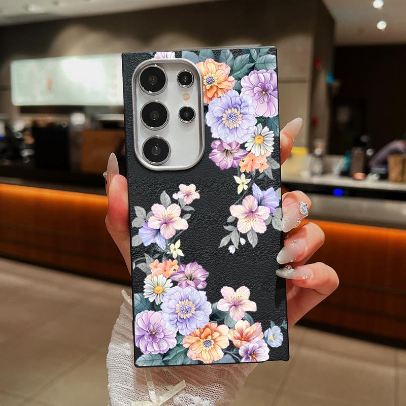 Color Floral Print Matte Leather Texture Phone Case For Samsung S25 S24 FE S23 Ultra S22 S21 A16 A56 A36 A15 A55 A35 Soft Slim TPU Shockproof  Cover