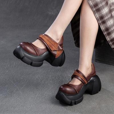 Vintage Pumps aus echtem Leder, runde Zehenpartie, dicke Sohle, hochhackige Damen-Plateauschuhe