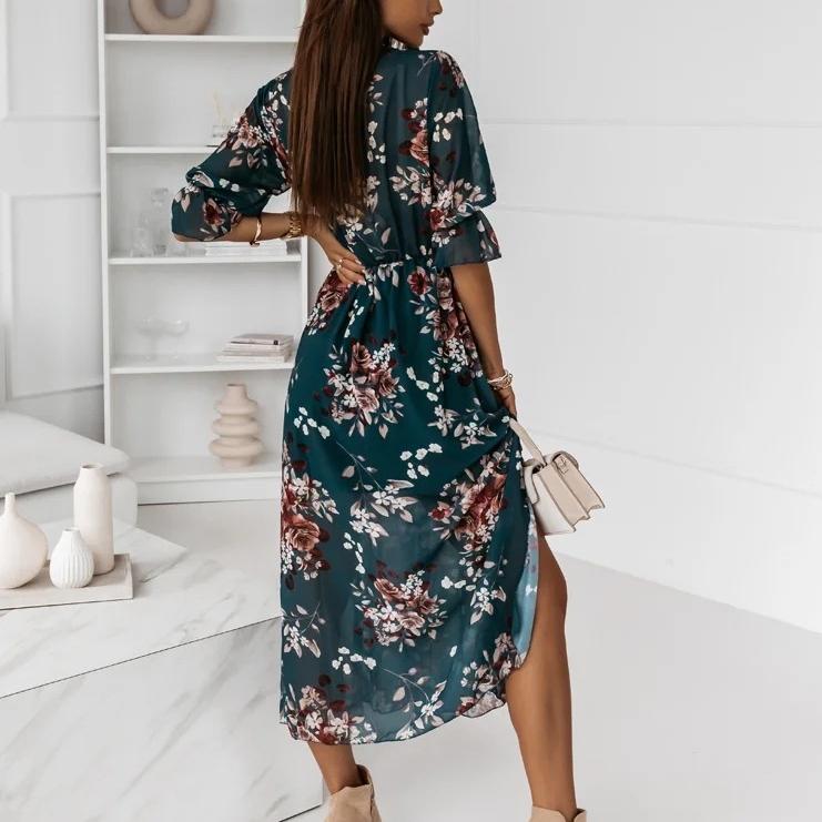 QICED Women's Fashion V-neck Slim-fit Side Split Chiffon Print Dress