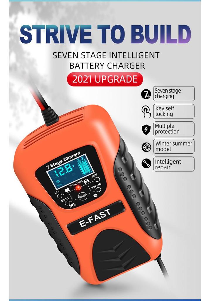 E-FAST 12V 7-Stage Charger for Car and Motorcycle Batteries with Current, Voltage, and Battery Level Display.