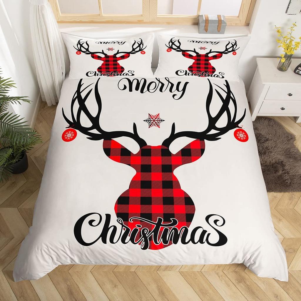 Merry Christmas Duvet Cover Set,Red Buffalo Checked Rustic Truck Comforter Cover,Plaid Xmas Tree Elk Deer Snowflake Bedding Sets