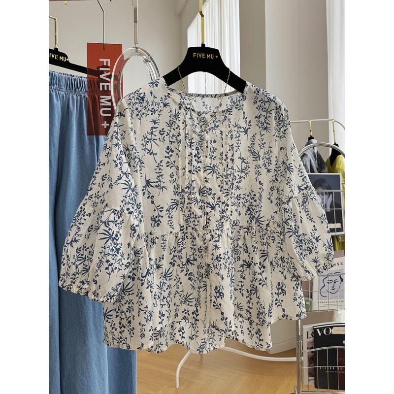 Elegant Floral Print Round Neck Three-Quarter Sleeve Women s Summer Top XL