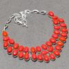 Red Coral Necklace 18" Adjustable Chain Silver Tone Polished Oval Gemstone Gifts