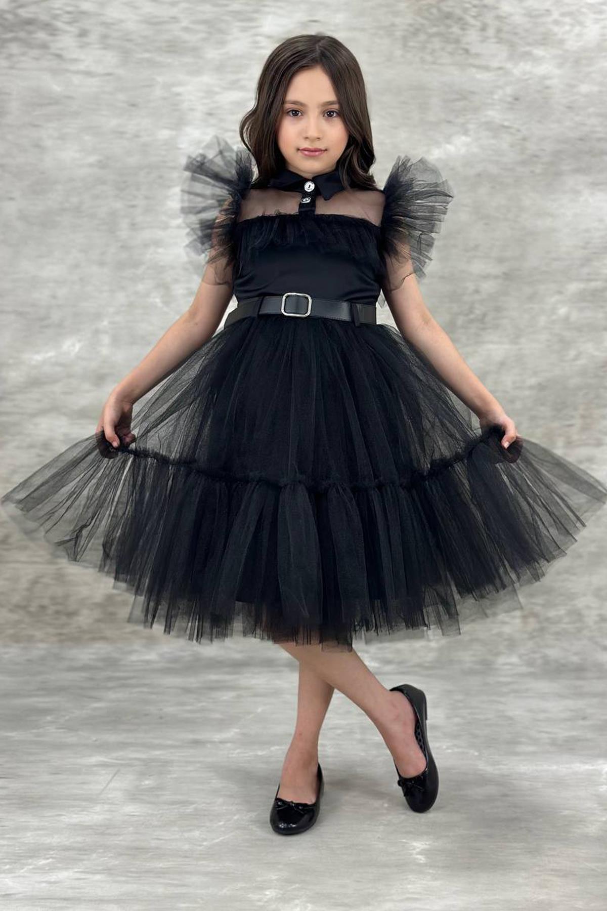 

Черное платье из тюля с воротником-стойкой и рукавами для девочек, бюст и рукава