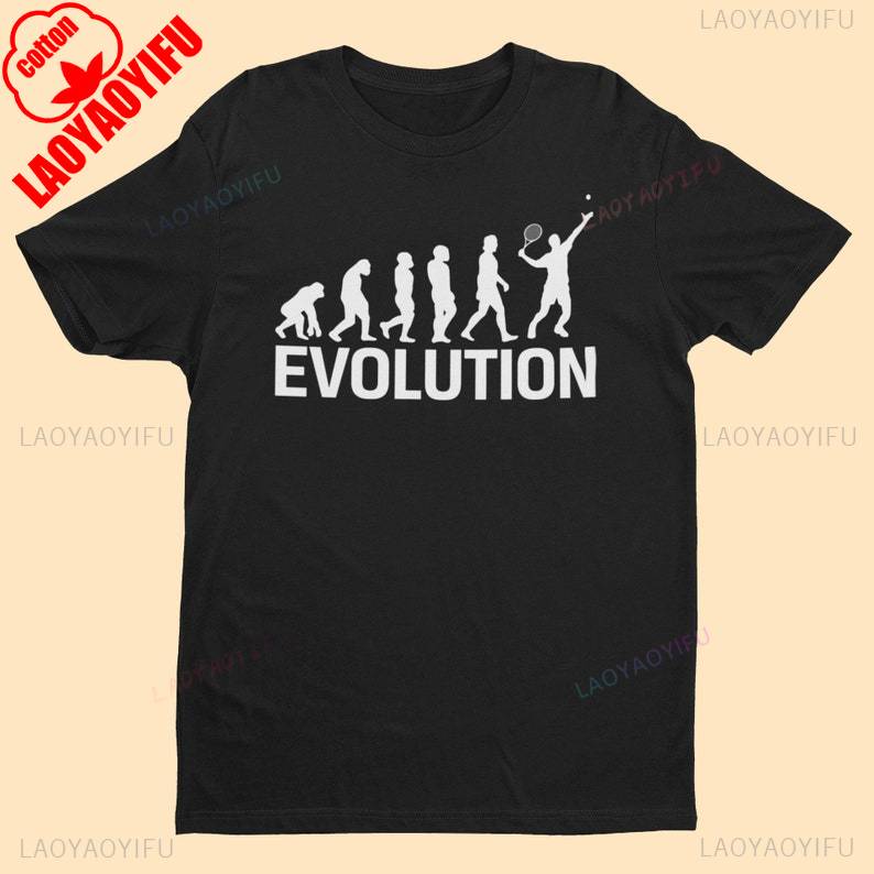 Evolution Of Tennis T Shirt from ape through prehistoric man to tennis player serving
