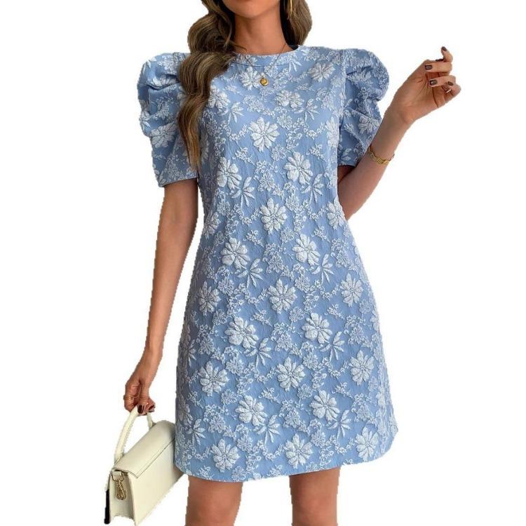 Women Summer Vintage Dresses Textured Jacquard Round Neck Bubble Sleeve New Style