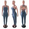 European American Casual Slim Backless Bandage Denim Jumpsuit