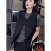 Women's Slimming Black Round Neck Button Blouse - Stylish Spring 2025 Fashion with Unique Vest Design