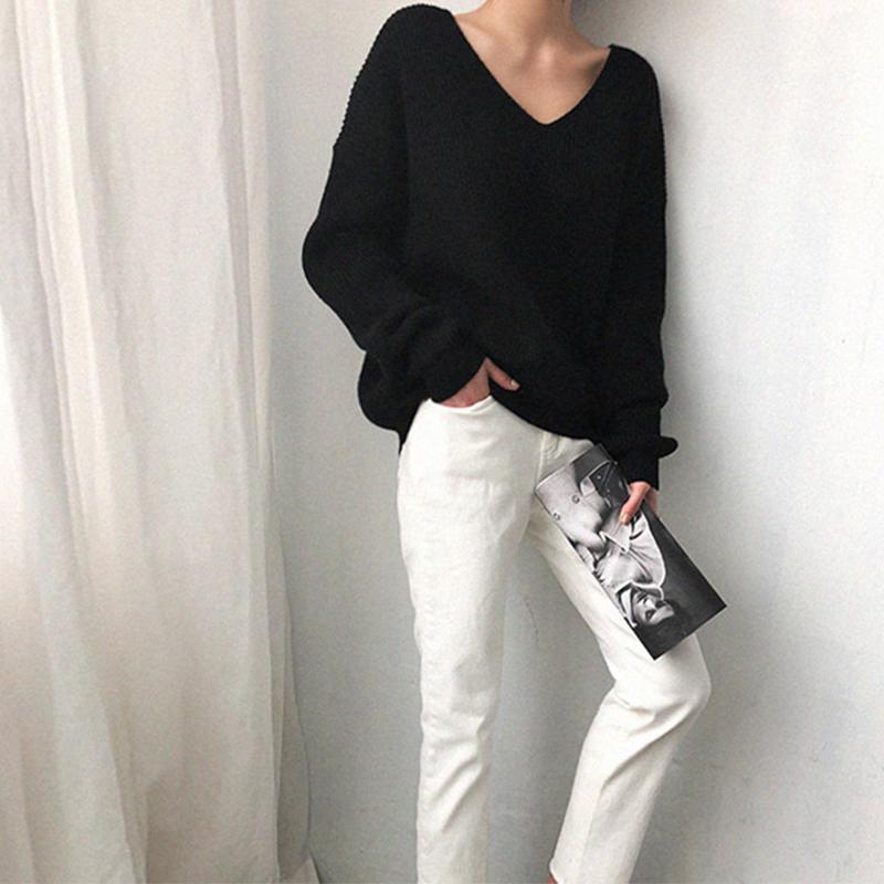 Pulover cu decolteu în V, simplu, cu tiv neregulat Pulover Top tricotat Femei