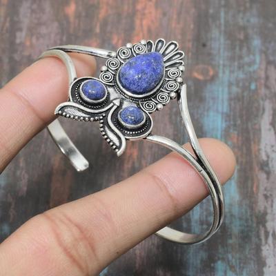 Bellissimo bracciale rigido fatto a mano in argento sterling 925 con pietre preziose di lapislazzuli regolabile