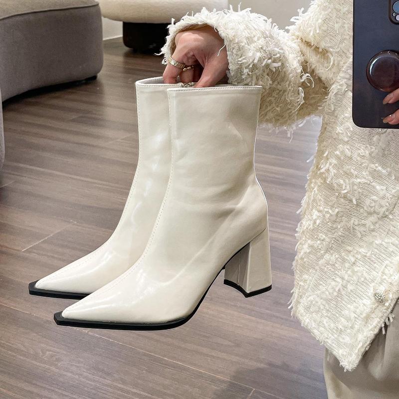 Puntige Teen Dames Enkellaarsjes Mode Elegante Zachte Leren Schoenen Dikke Hak Dames Moderne Korte Laarsjes
