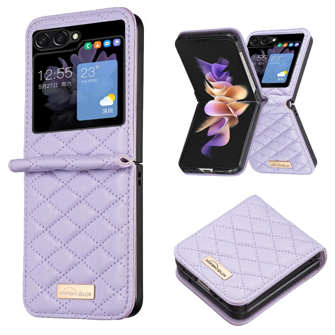 

BINFEN COLOR For Samsung Galaxy Z Flip5 5G PU Leather+PC Case Imprinted Rhombus Pattern Phone Cover Purple