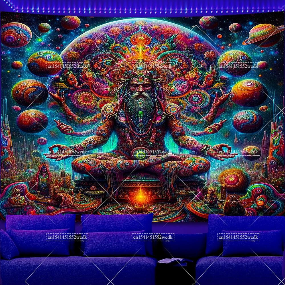 Shaman Blacklight Tapestry UV Reactive Glowing Galaxy Space Black Light Tapestry Spiritual Aesthetic Wall Art Neon Backdrops