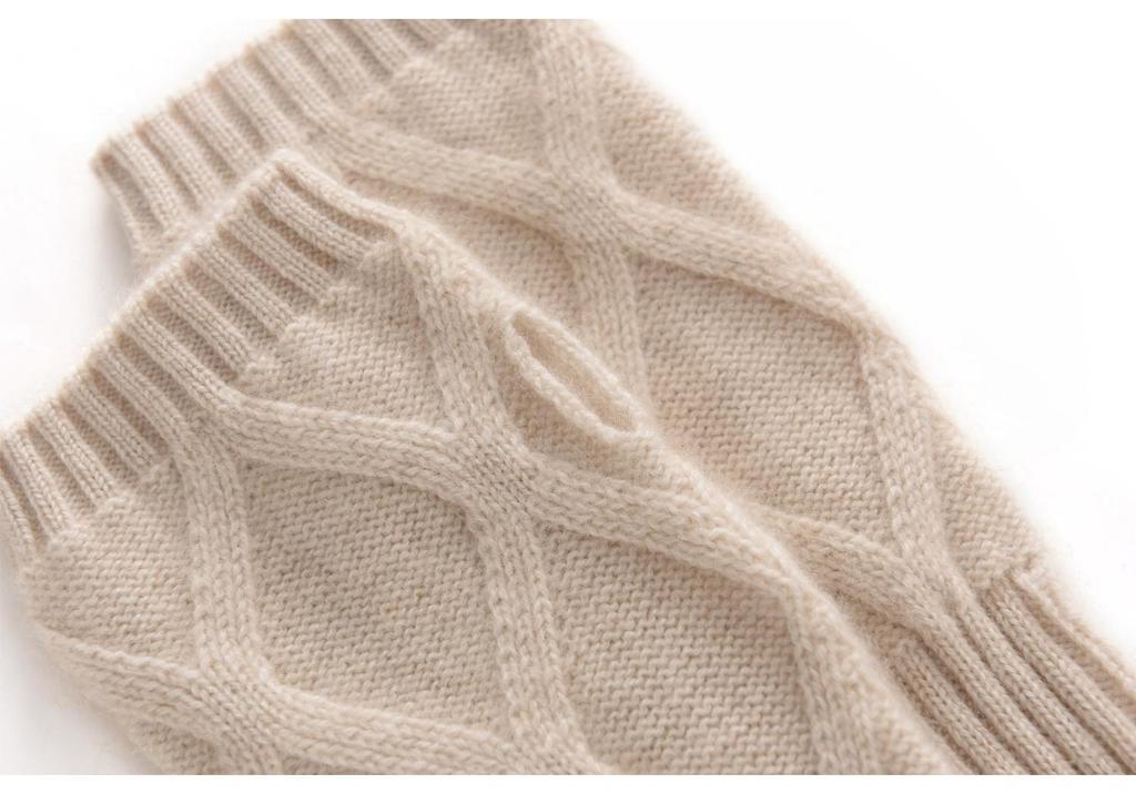 Women's 100% Pure Cashmere Cable Knit Half-Finger Gloves - Warm Long Wrist and Arm Protection