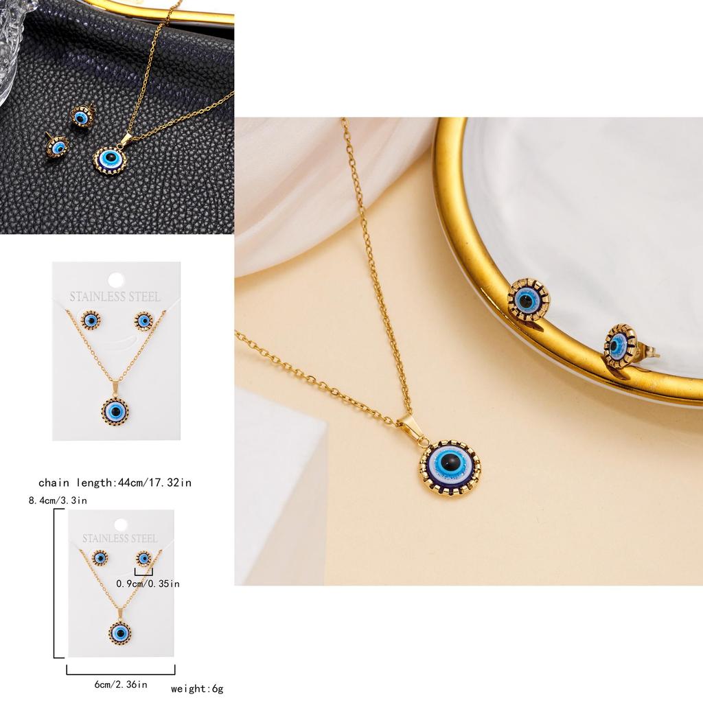Turkish Evil Eye Jewelry Set With Geometric Alloy Pendant And Chain For Women