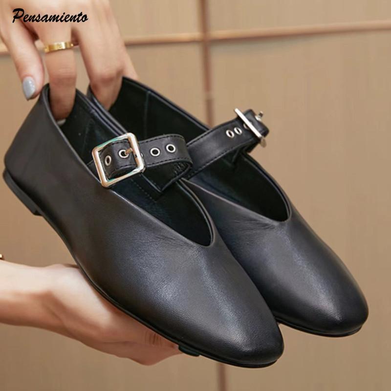 Ins style Soft Leather Rivet Strap Buckle Women Ballet Flats Spring Autumn Mary Janes Comfortable Walking Loafers Shoes