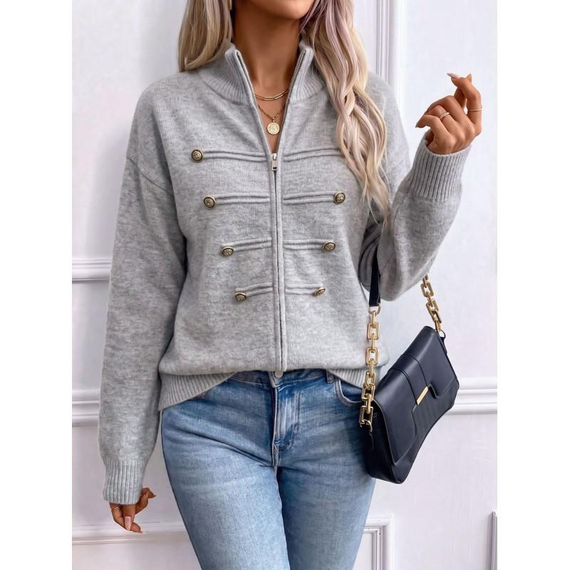 Womens Knit Cardigan Fall Winter Stand Collar Double Zip Sweater Coat Solid Color Loose Fit