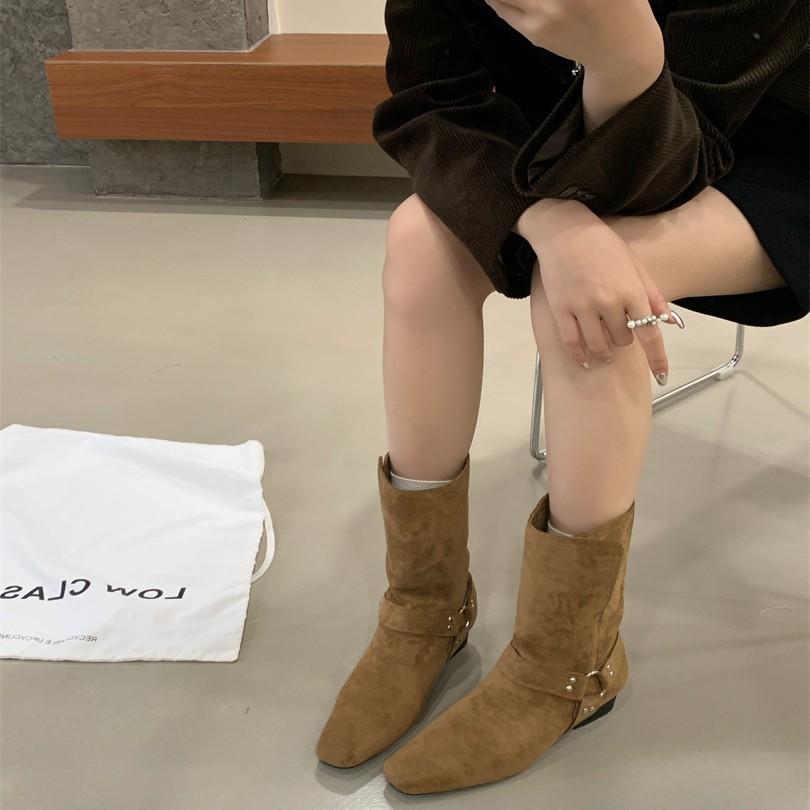 French fashionable design belt buckle thick heel thin boots women's autumn and winter outer wear commuting versatile one-pedal short boots