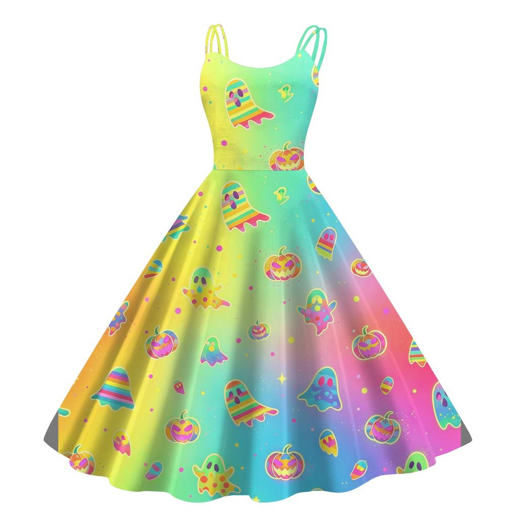 Women's Halloween Print Off-Shoulder Spaghetti Strap Dress