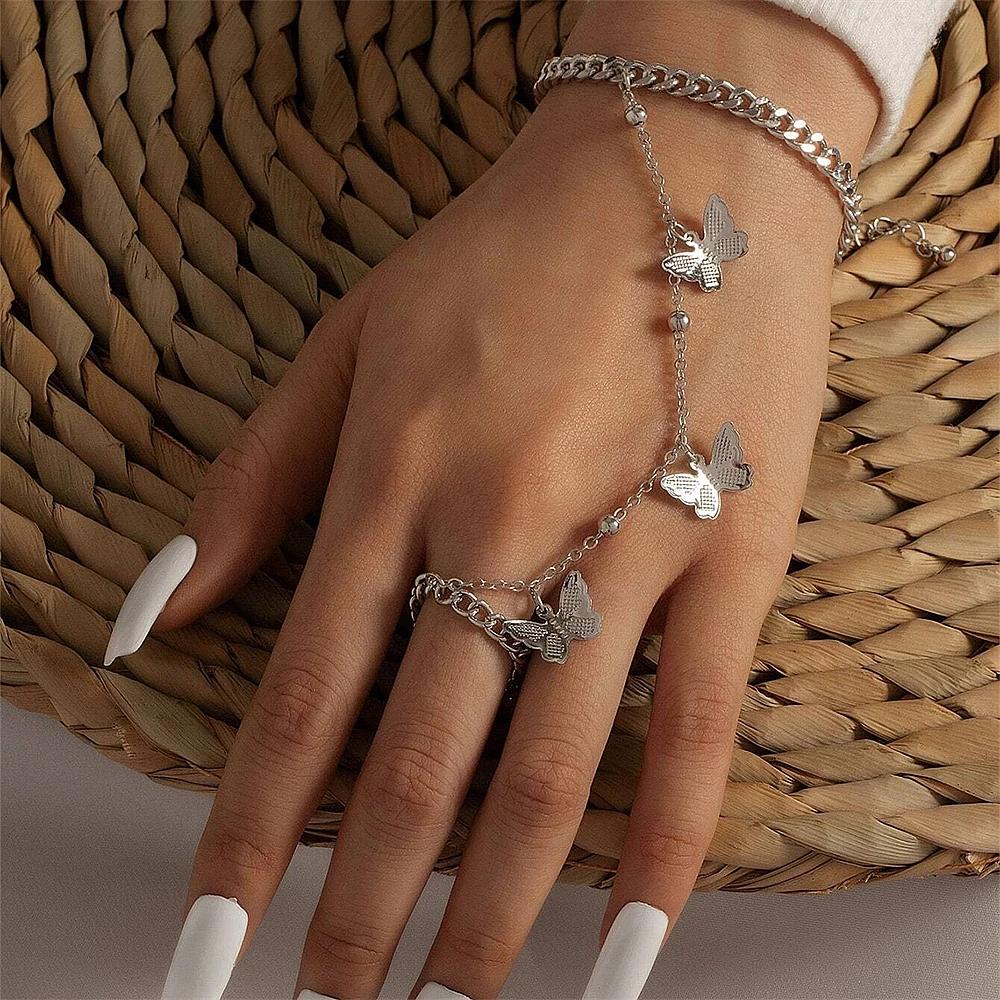 Simple Heart Slave Chain Bracelet Gold Plated Link Connected Wide Finger Ring Bracelets Jewelry Gifts For Women Girls