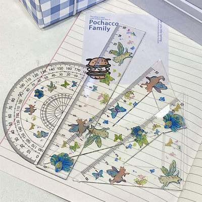 Cute Color Magical Cat with Wings Transparent Ruler 4-piece Set Student Triangle Ruler Protractor Plastic Ruler Stationery
