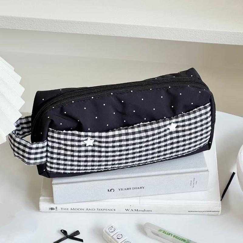 Handheld Polka Dot Stars Pencil Case Portable Large Capacity Stationery Bag for School Travel Pen Storage