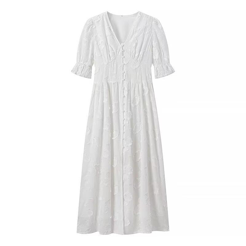 2025 Autumn Women s White Embroidered Short-Sleeve Dress S